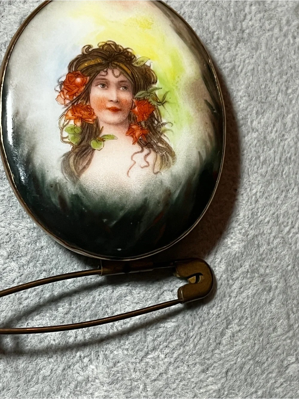 Vtg porcelain Painted Cameo Limoges Brooch Victorian Edwardian 2.75” Ribbon Clip